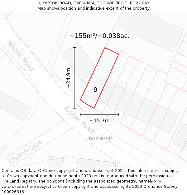 9, YAPTON ROAD, BARNHAM, BOGNOR REGIS, PO22 0AX: Plot and title map