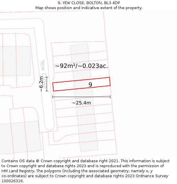9, YEW CLOSE, BOLTON, BL3 4DP: Plot and title map