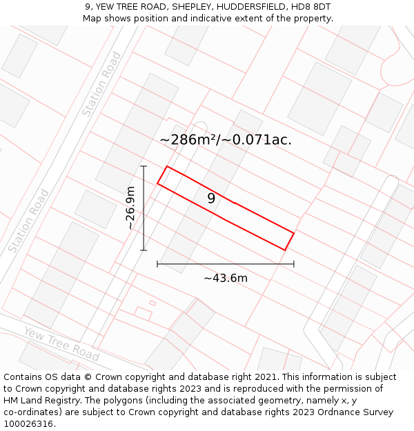 9, YEW TREE ROAD, SHEPLEY, HUDDERSFIELD, HD8 8DT: Plot and title map