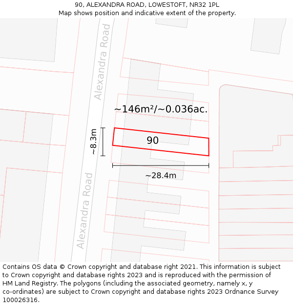 90, ALEXANDRA ROAD, LOWESTOFT, NR32 1PL: Plot and title map