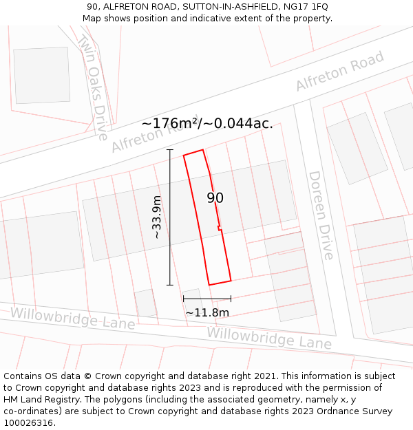 90, ALFRETON ROAD, SUTTON-IN-ASHFIELD, NG17 1FQ: Plot and title map