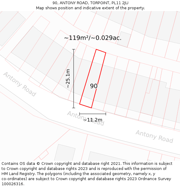 90, ANTONY ROAD, TORPOINT, PL11 2JU: Plot and title map