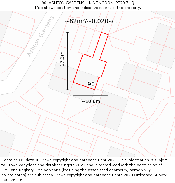 90, ASHTON GARDENS, HUNTINGDON, PE29 7HQ: Plot and title map