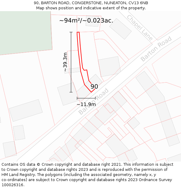 90, BARTON ROAD, CONGERSTONE, NUNEATON, CV13 6NB: Plot and title map