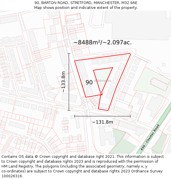 90, BARTON ROAD, STRETFORD, MANCHESTER, M32 9AE: Plot and title map