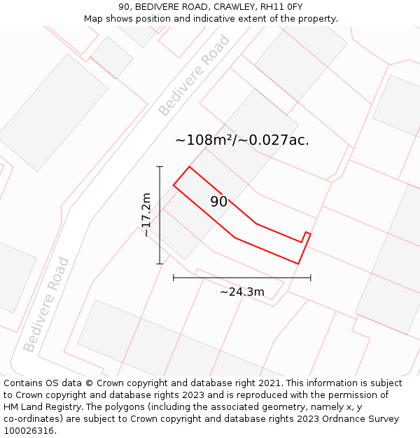 90, BEDIVERE ROAD, CRAWLEY, RH11 0FY: Plot and title map