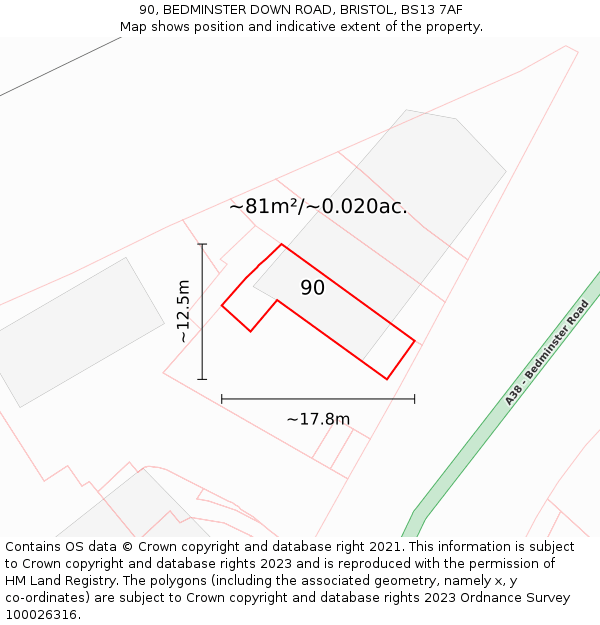 90, BEDMINSTER DOWN ROAD, BRISTOL, BS13 7AF: Plot and title map