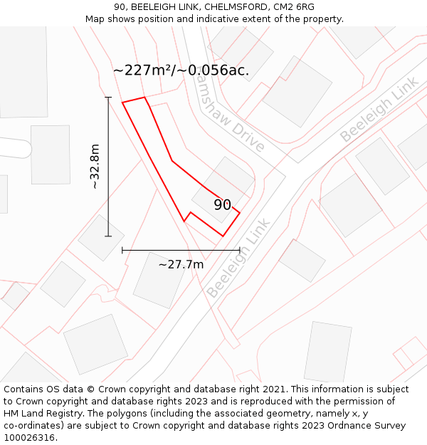 90, BEELEIGH LINK, CHELMSFORD, CM2 6RG: Plot and title map