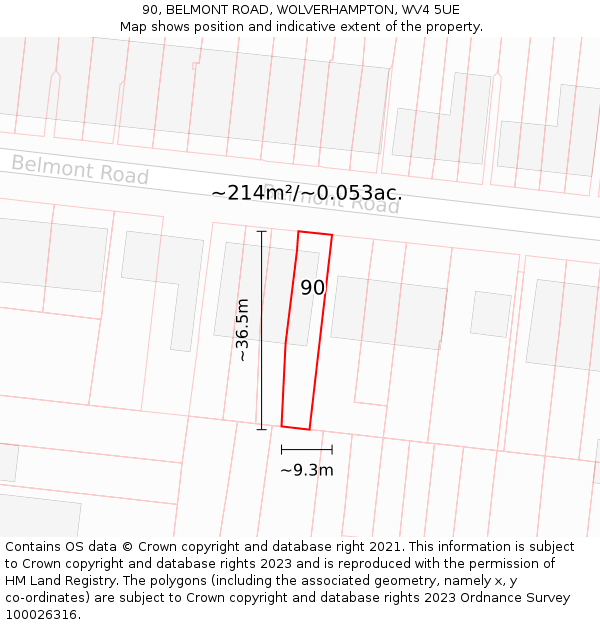 90, BELMONT ROAD, WOLVERHAMPTON, WV4 5UE: Plot and title map