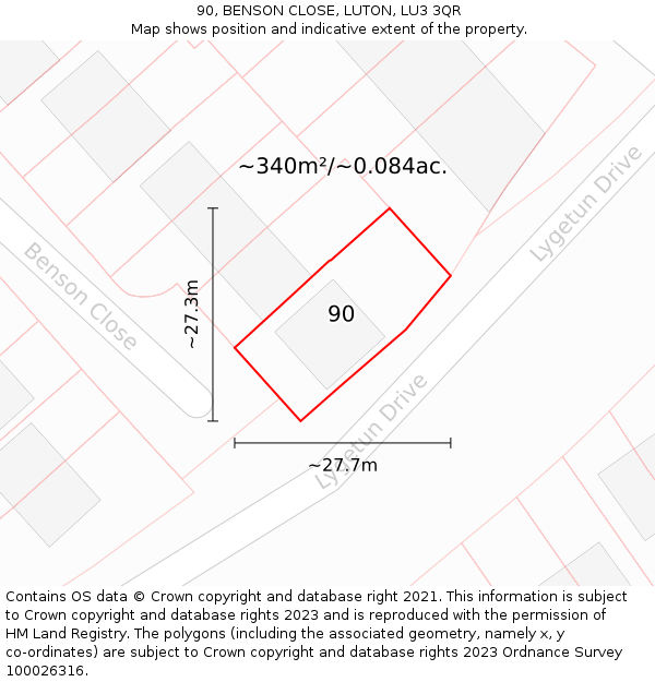 90, BENSON CLOSE, LUTON, LU3 3QR: Plot and title map