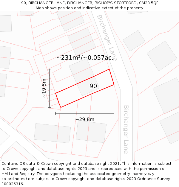 90, BIRCHANGER LANE, BIRCHANGER, BISHOP'S STORTFORD, CM23 5QF: Plot and title map