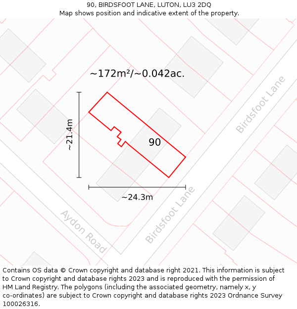 90, BIRDSFOOT LANE, LUTON, LU3 2DQ: Plot and title map
