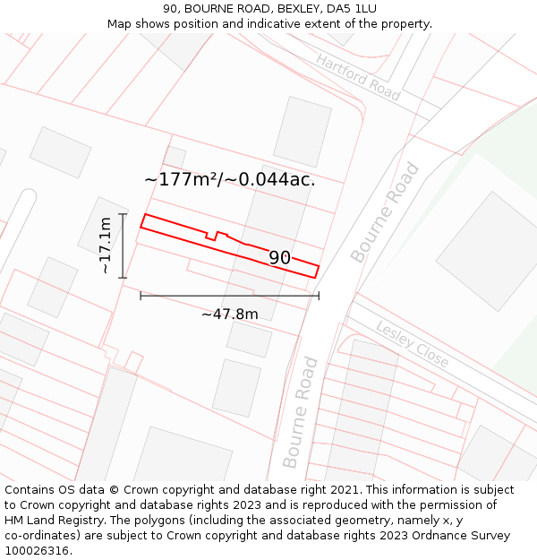 90, BOURNE ROAD, BEXLEY, DA5 1LU: Plot and title map