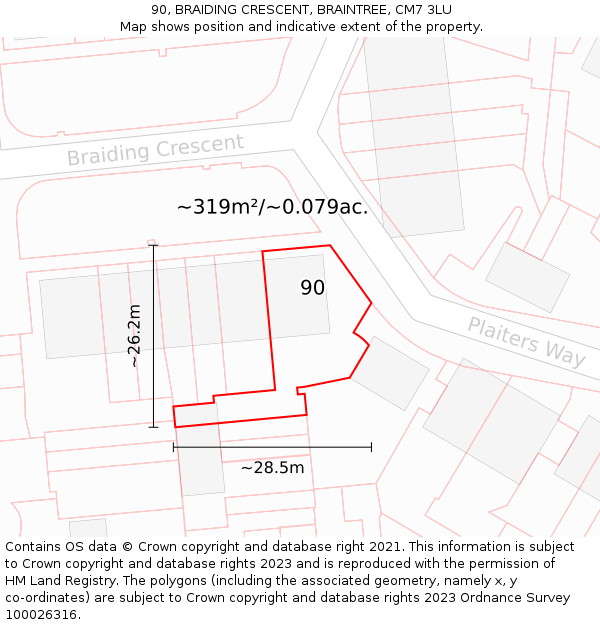 90, BRAIDING CRESCENT, BRAINTREE, CM7 3LU: Plot and title map