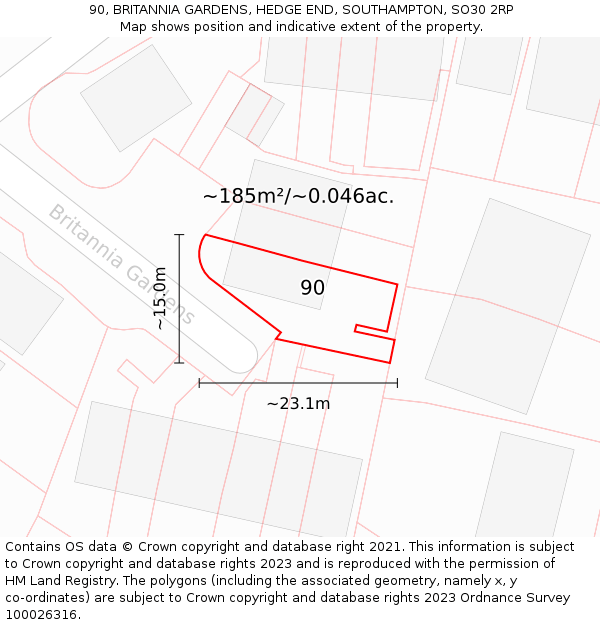 90, BRITANNIA GARDENS, HEDGE END, SOUTHAMPTON, SO30 2RP: Plot and title map