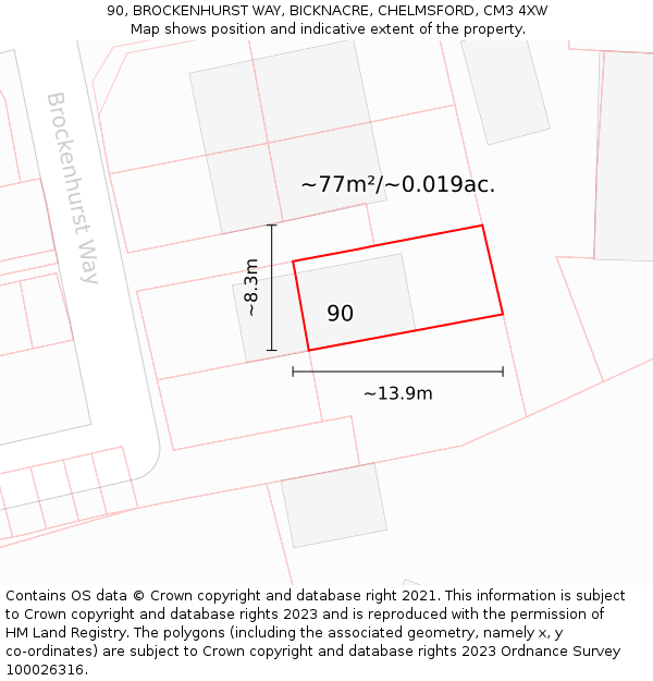 90, BROCKENHURST WAY, BICKNACRE, CHELMSFORD, CM3 4XW: Plot and title map
