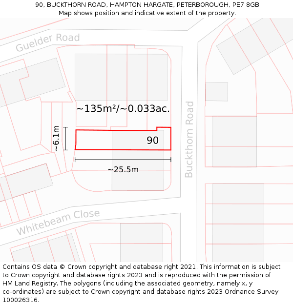 90, BUCKTHORN ROAD, HAMPTON HARGATE, PETERBOROUGH, PE7 8GB: Plot and title map