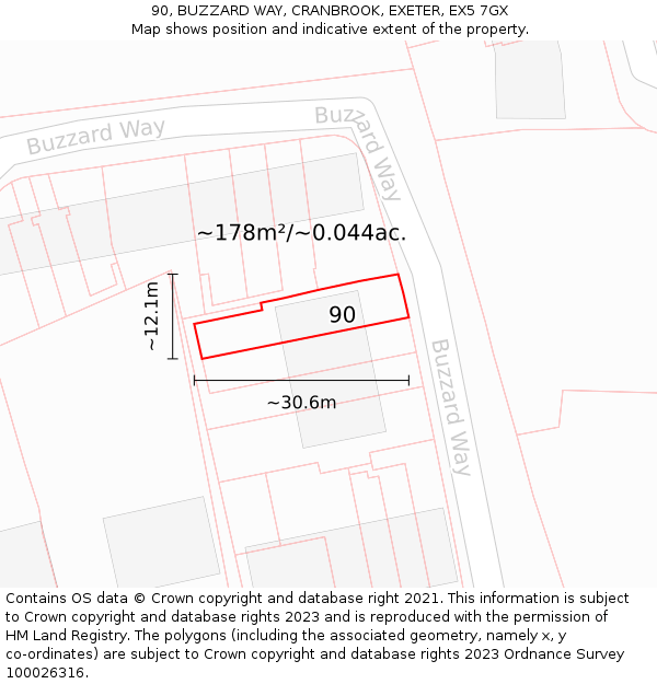 90, BUZZARD WAY, CRANBROOK, EXETER, EX5 7GX: Plot and title map