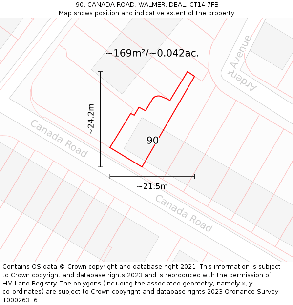 90, CANADA ROAD, WALMER, DEAL, CT14 7FB: Plot and title map