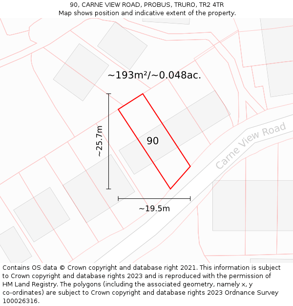 90, CARNE VIEW ROAD, PROBUS, TRURO, TR2 4TR: Plot and title map