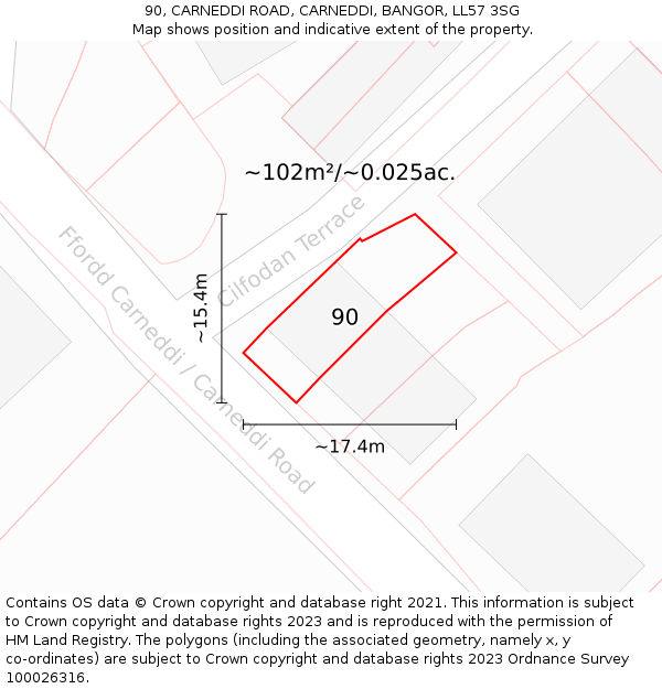 90, CARNEDDI ROAD, CARNEDDI, BANGOR, LL57 3SG: Plot and title map