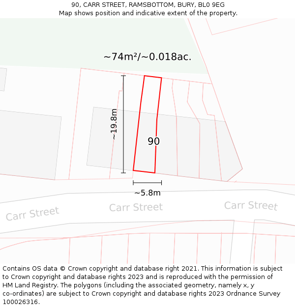 90, CARR STREET, RAMSBOTTOM, BURY, BL0 9EG: Plot and title map