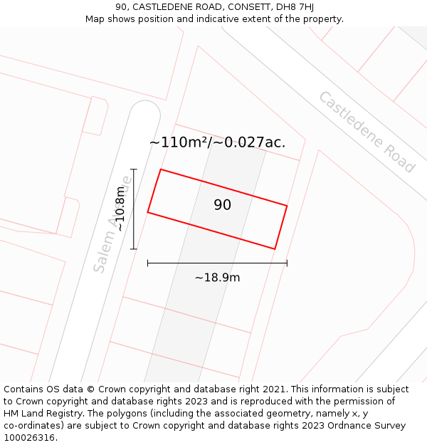 90, CASTLEDENE ROAD, CONSETT, DH8 7HJ: Plot and title map