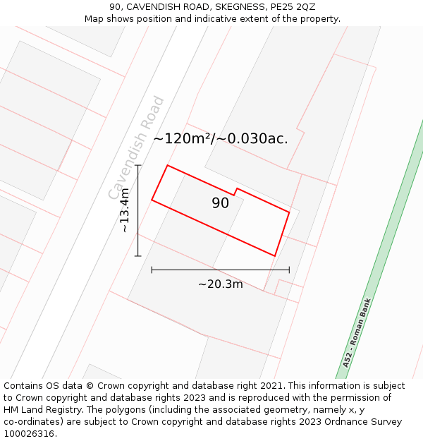 90, CAVENDISH ROAD, SKEGNESS, PE25 2QZ: Plot and title map