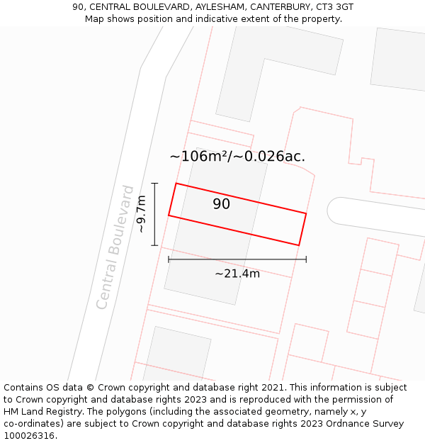 90, CENTRAL BOULEVARD, AYLESHAM, CANTERBURY, CT3 3GT: Plot and title map