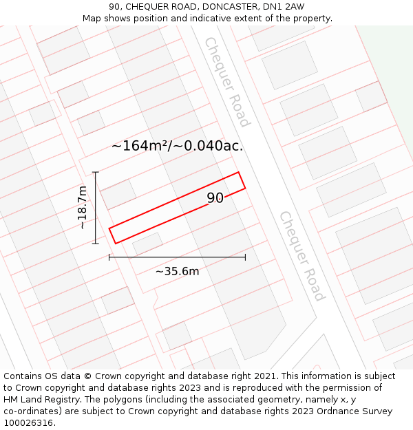 90, CHEQUER ROAD, DONCASTER, DN1 2AW: Plot and title map