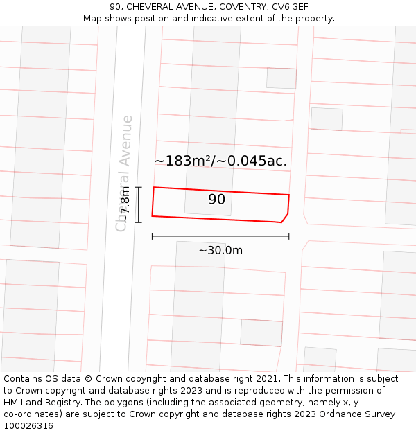 90, CHEVERAL AVENUE, COVENTRY, CV6 3EF: Plot and title map