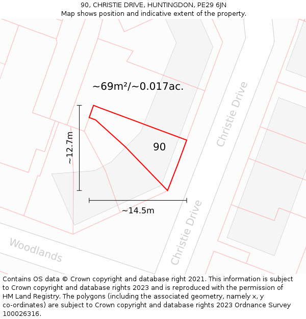 90, CHRISTIE DRIVE, HUNTINGDON, PE29 6JN: Plot and title map