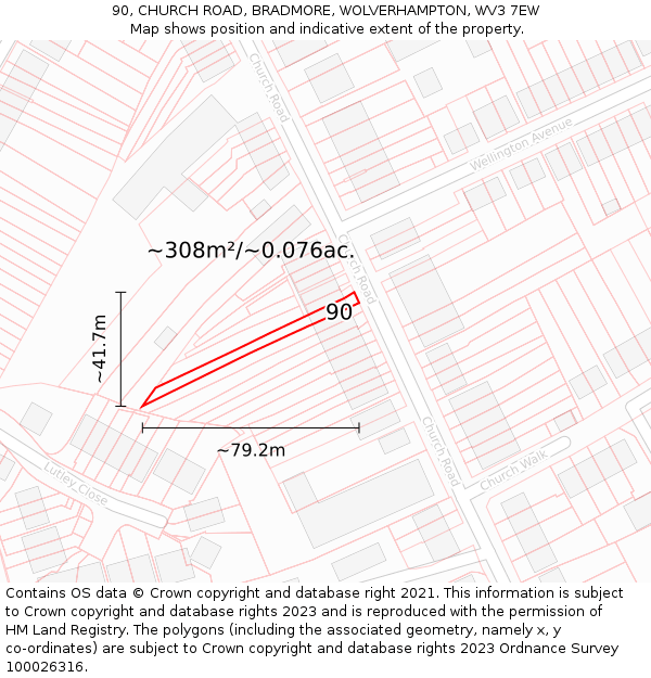 90, CHURCH ROAD, BRADMORE, WOLVERHAMPTON, WV3 7EW: Plot and title map