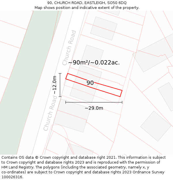 90, CHURCH ROAD, EASTLEIGH, SO50 6DQ: Plot and title map