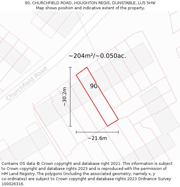 90, CHURCHFIELD ROAD, HOUGHTON REGIS, DUNSTABLE, LU5 5HW: Plot and title map