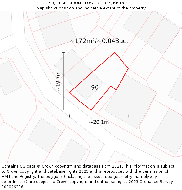 90, CLARENDON CLOSE, CORBY, NN18 8DD: Plot and title map