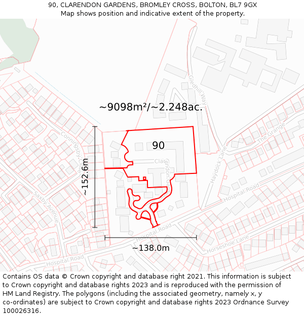 90, CLARENDON GARDENS, BROMLEY CROSS, BOLTON, BL7 9GX: Plot and title map