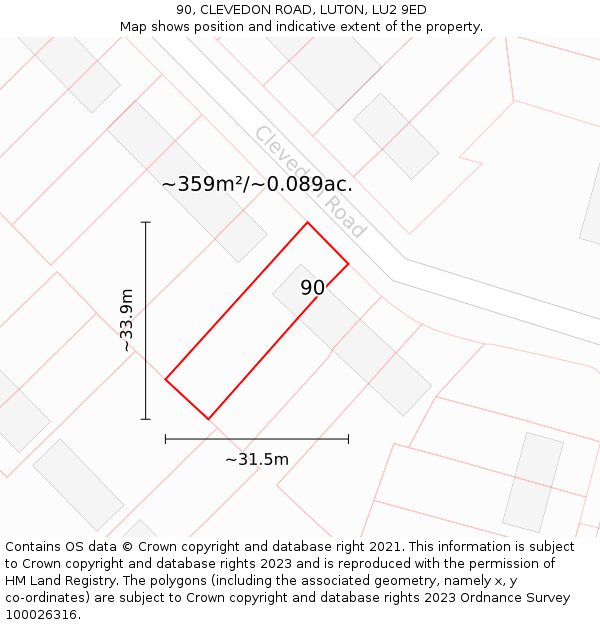 90, CLEVEDON ROAD, LUTON, LU2 9ED: Plot and title map
