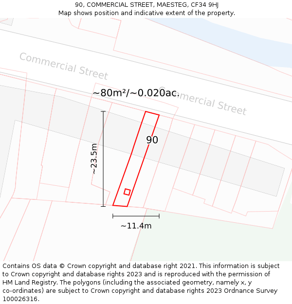 90, COMMERCIAL STREET, MAESTEG, CF34 9HJ: Plot and title map