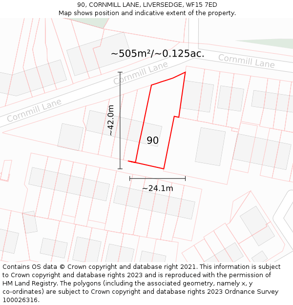 90, CORNMILL LANE, LIVERSEDGE, WF15 7ED: Plot and title map
