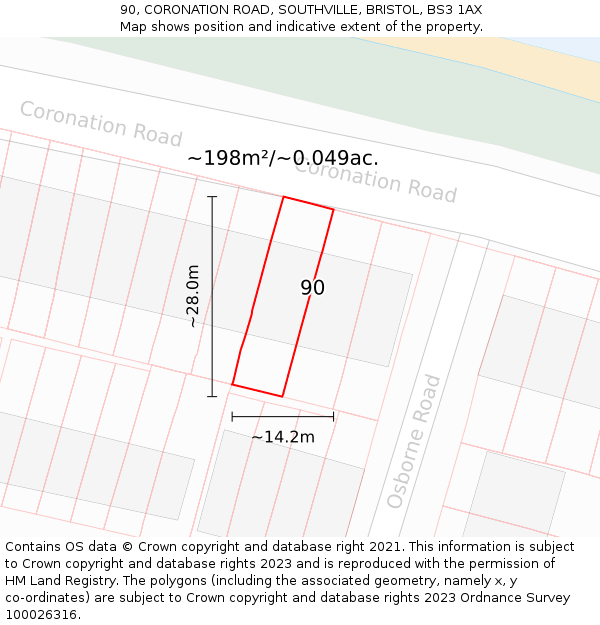 90, CORONATION ROAD, SOUTHVILLE, BRISTOL, BS3 1AX: Plot and title map