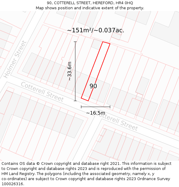 90, COTTERELL STREET, HEREFORD, HR4 0HQ: Plot and title map