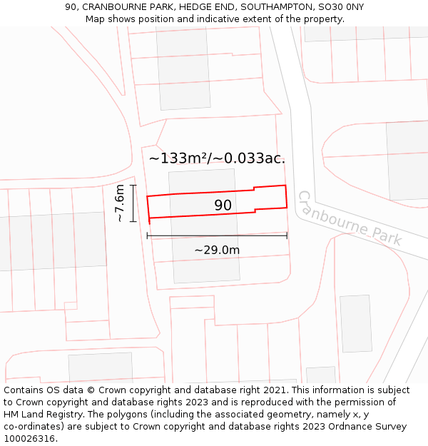 90, CRANBOURNE PARK, HEDGE END, SOUTHAMPTON, SO30 0NY: Plot and title map