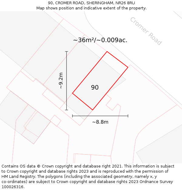 90, CROMER ROAD, SHERINGHAM, NR26 8RU: Plot and title map