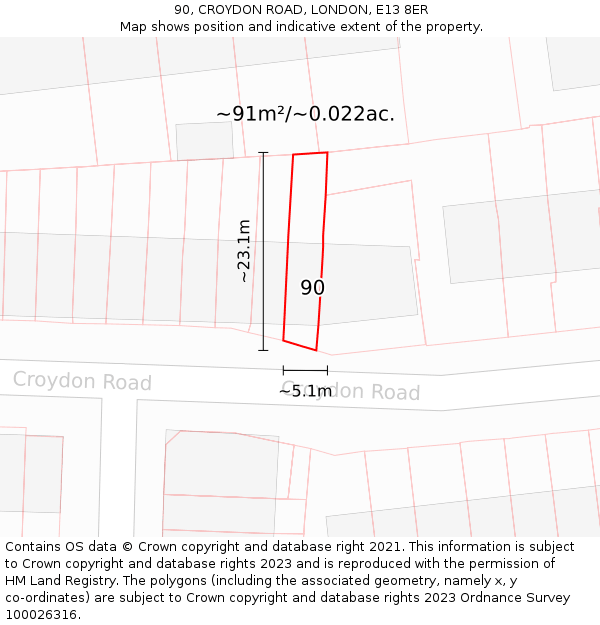 90, CROYDON ROAD, LONDON, E13 8ER: Plot and title map