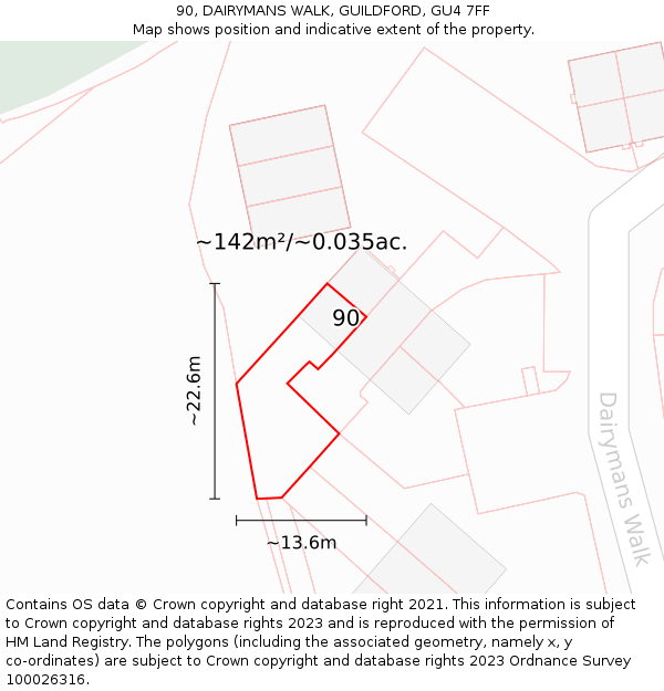 90, DAIRYMANS WALK, GUILDFORD, GU4 7FF: Plot and title map