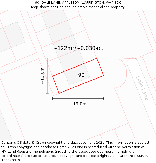 90, DALE LANE, APPLETON, WARRINGTON, WA4 3DG: Plot and title map