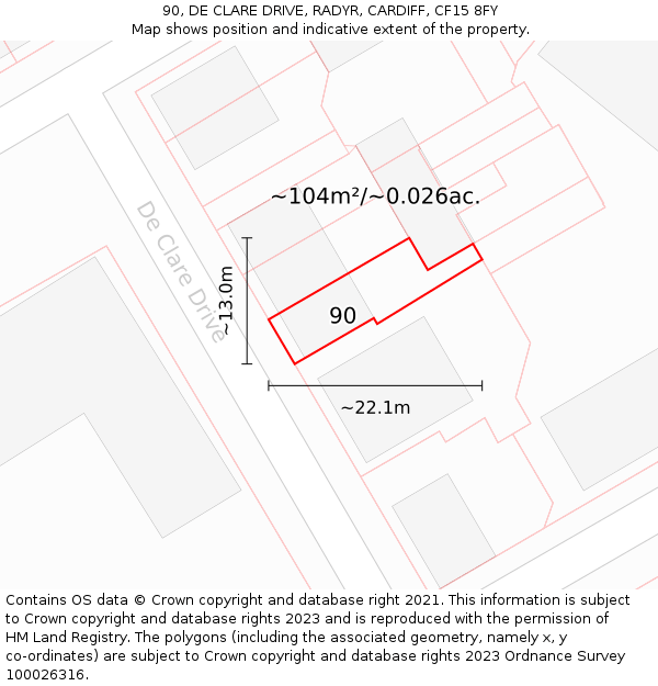 90, DE CLARE DRIVE, RADYR, CARDIFF, CF15 8FY: Plot and title map