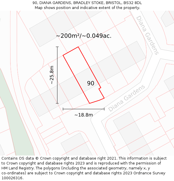 90, DIANA GARDENS, BRADLEY STOKE, BRISTOL, BS32 8DL: Plot and title map