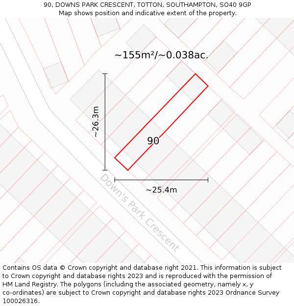 90, DOWNS PARK CRESCENT, TOTTON, SOUTHAMPTON, SO40 9GP: Plot and title map
